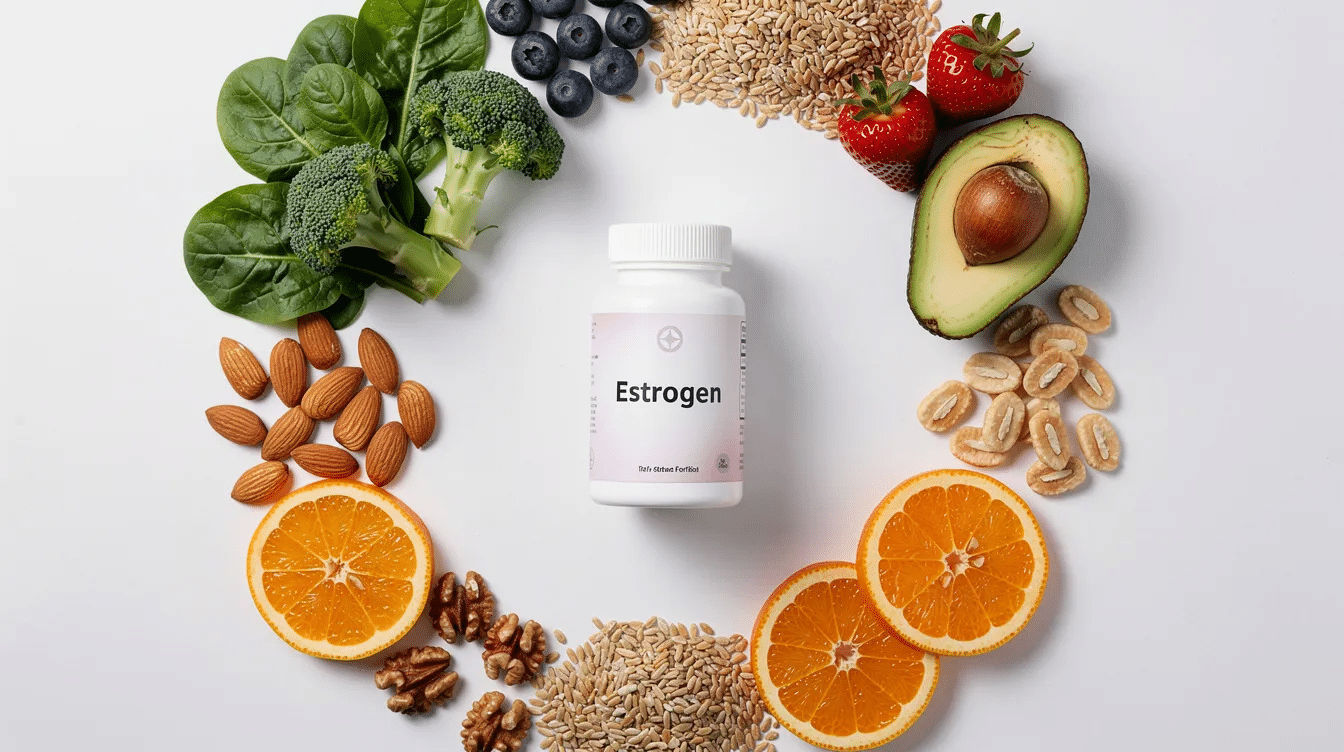 a bottle of estrogen medication inside of a circle of healthy foods.