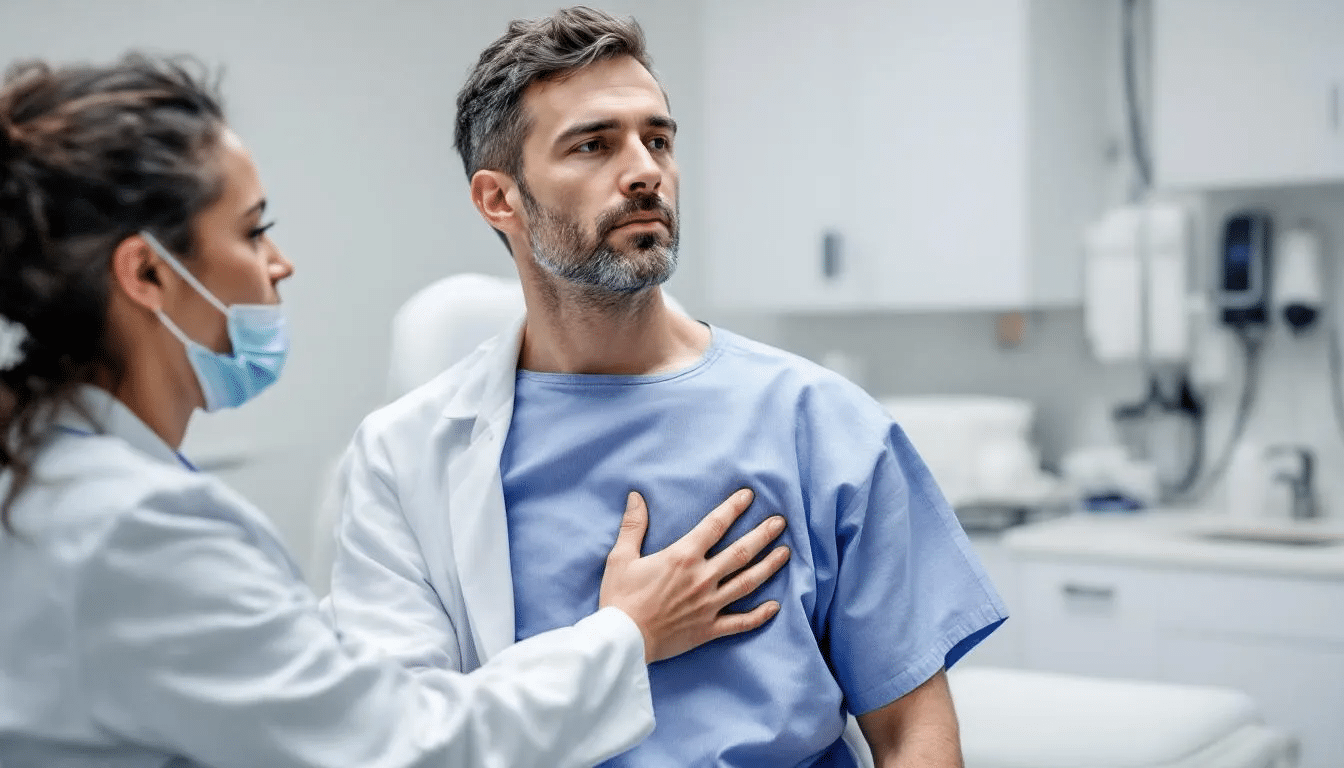 A board-certified plastic surgeon is performing a physical examination of a male patient's chest, assessing for conditions such as gynecomastia and pseudogynecomastia, which involve excess breast tissue and may require male breast reduction surgery for a more masculine chest contour. The doctor evaluates the presence of glandular and fatty tissue to determine appropriate treatment options.