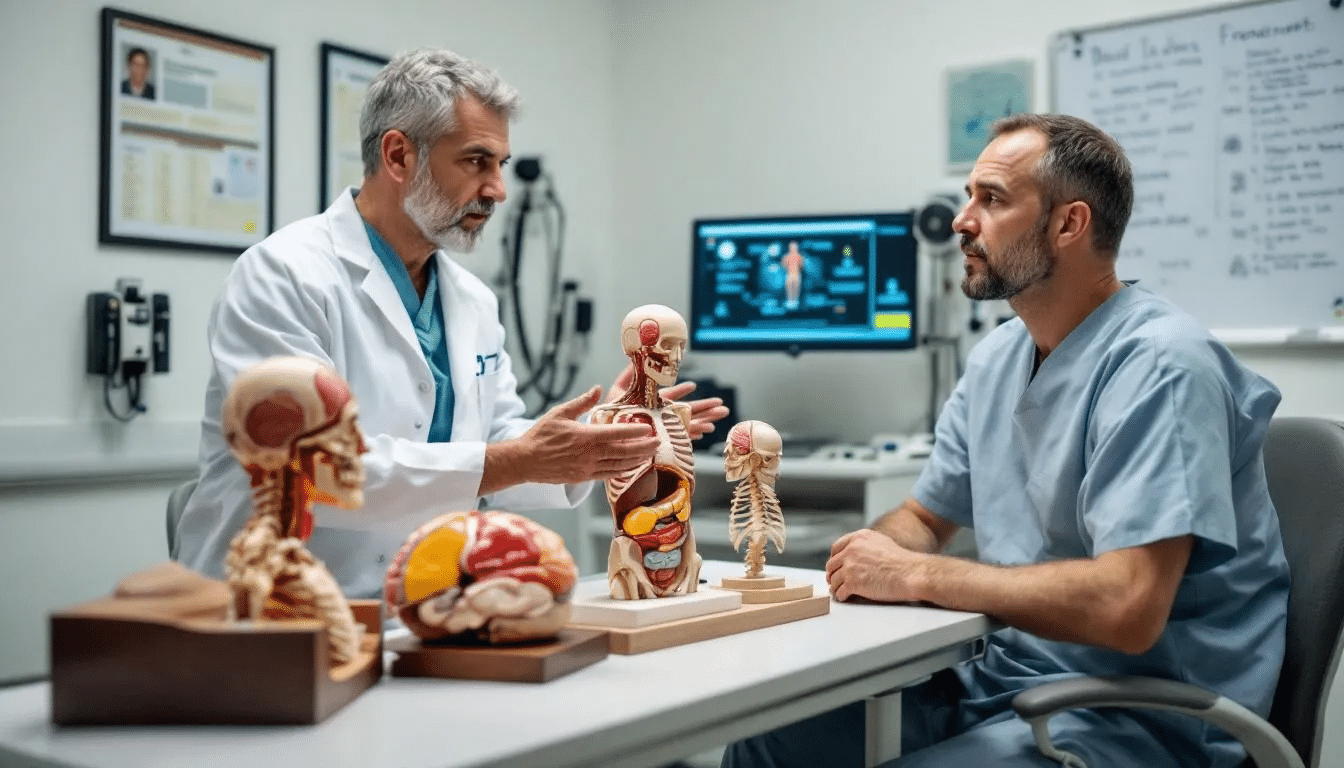 A board-certified plastic surgeon is explaining a treatment plan for male breast reduction surgery to a patient, using anatomical models to illustrate the differences between gynecomastia and pseudogynecomastia. The discussion includes details about excess breast tissue, glandular tissue, and treatment options to achieve a more masculine chest contour.