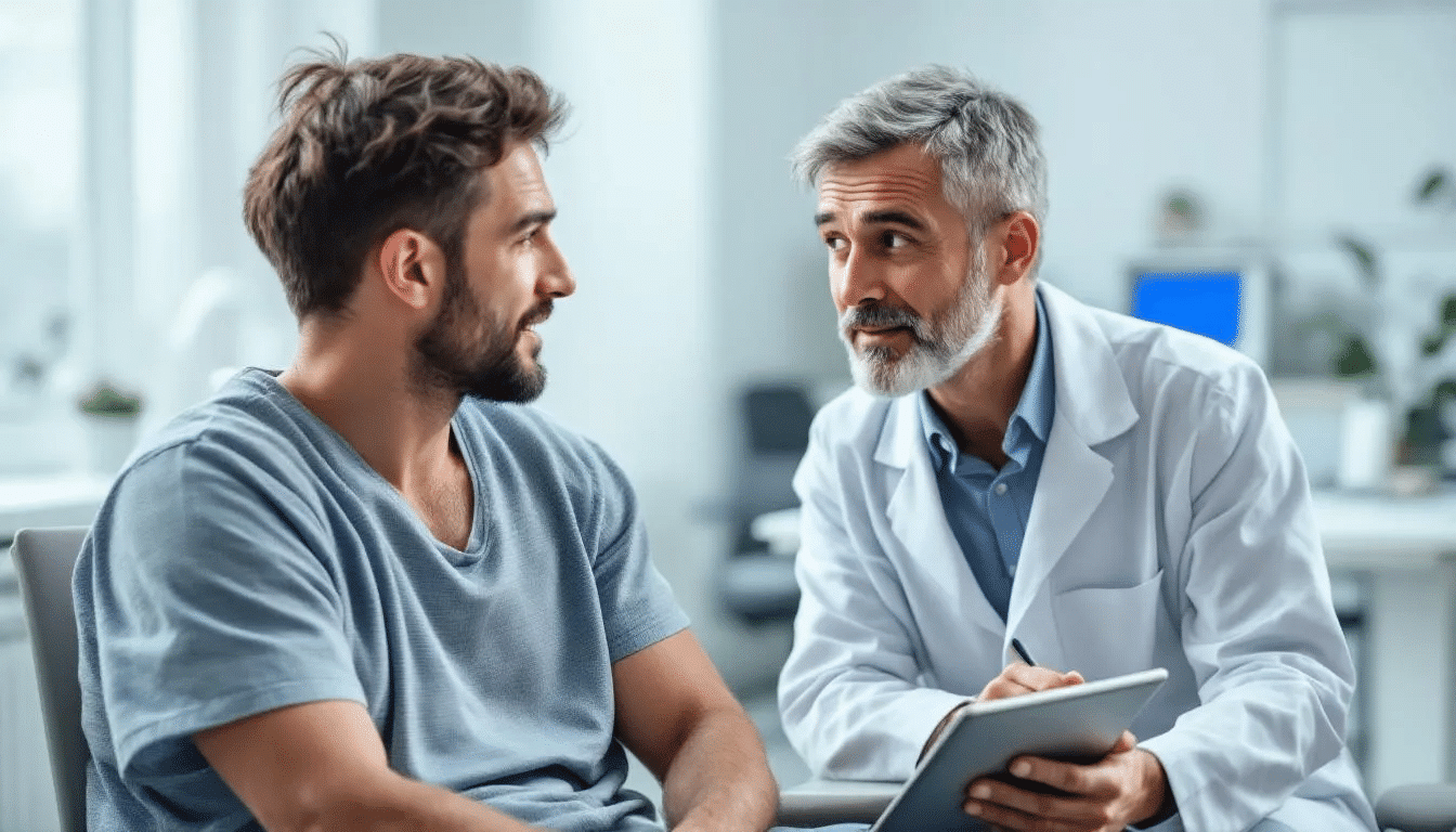 A male patient is discussing his concerns about enlarged male breasts with a board certified plastic surgeon, who is explaining the differences between gynecomastia and pseudogynecomastia, as well as potential treatment options such as male breast reduction surgery to achieve a more masculine chest contour.