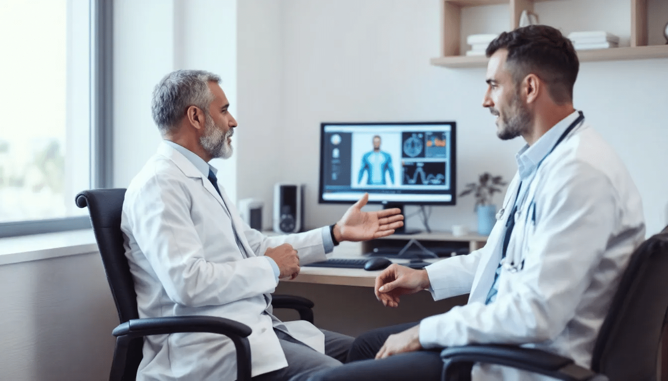 A medical professional is consulting with a male patient about hormone therapy, discussing issues related to hormone imbalances and the potential treatment for gynecomastia, which involves excess breast tissue growth. The conversation may include topics such as testosterone levels, breast tissue, and options for male breast reduction.