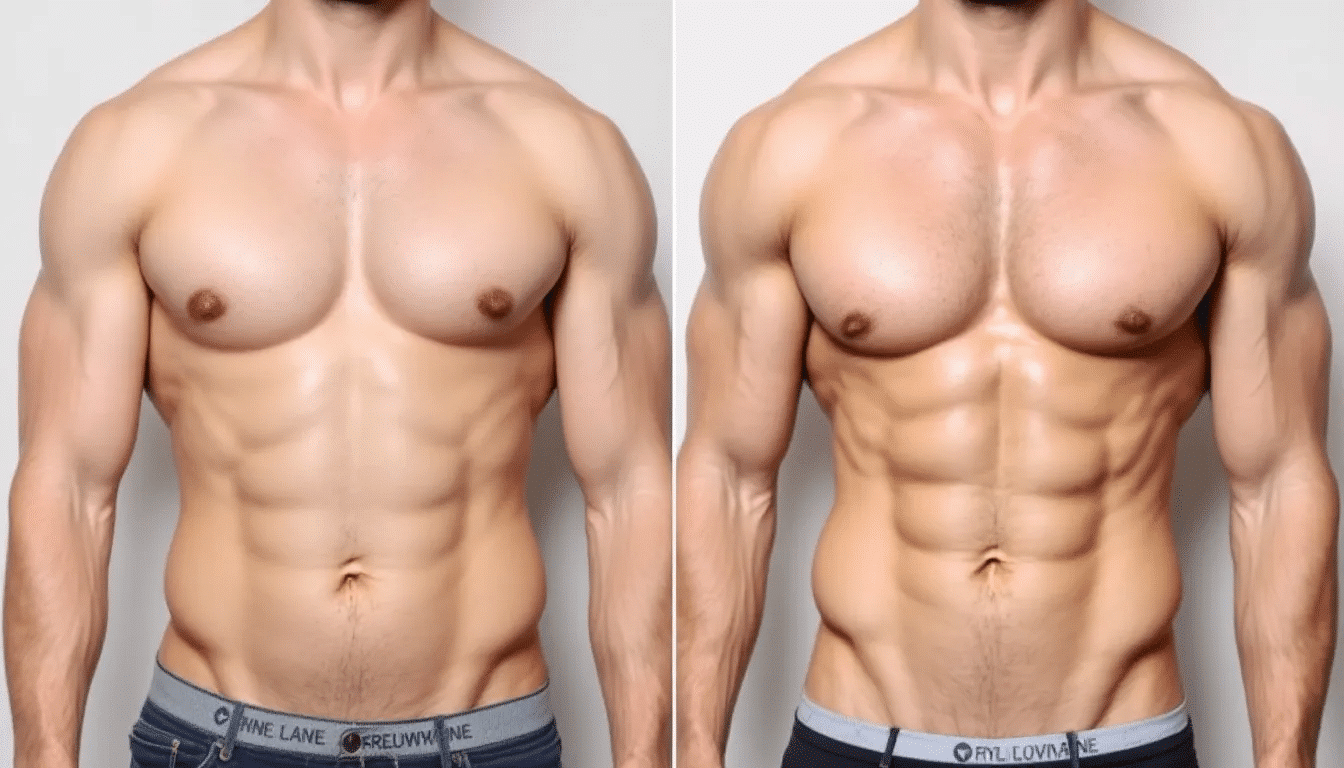 The image shows a before and after comparison of a male's chest contour, highlighting a significant improvement in the appearance of enlarged male breast tissue, often associated with gynecomastia. The transformation illustrates a reduction in excess breast tissue, emphasizing the effectiveness of treatments such as testosterone therapy or gynecomastia surgery.