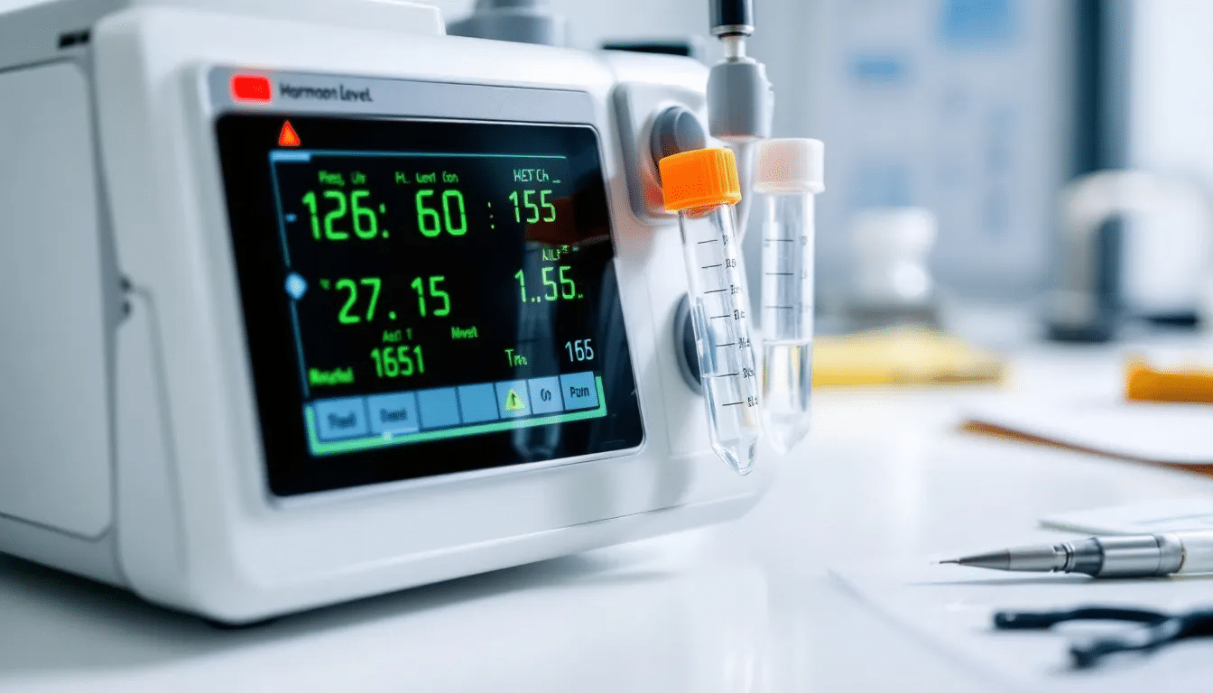 A close-up view of medical monitoring equipment displaying hormone level testing results, highlighting testosterone levels and potential hormonal imbalances that can lead to conditions such as gynecomastia, which involves the development of glandular breast tissue in males. The equipment may also indicate the need for treatments like testosterone replacement therapy or gynecomastia surgery.
